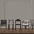 Various Designed Dining Chairs Arranged in Row With Classic Decorative Wall and Wooden Floor