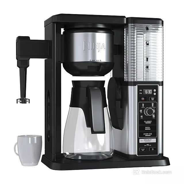 Modern Kitchen Coffee Maker With Glass Carafe Digital Display Automatic Brewing Function and Coffee Mug 3d model 