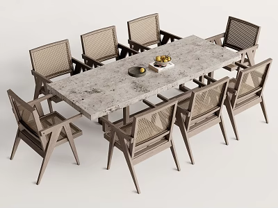 Modern Rectangular Stone Top Dining Table Set With 8 Woven Back Wooden Frame Chairs 3d model