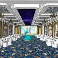 Luxurious Banquet Hall With White Tables Chairs Blue Patterned Carpet Chandeliers Large Screen and Paintings