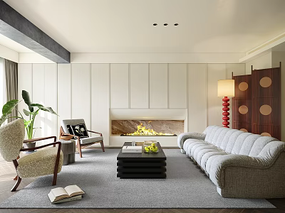 Cozy Living Room With Light Gray Sofa Fireplace Wooden Elements Rug Plant And Floor Lamp 3d model