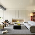 Cozy Living Room With Light Gray Sofa Fireplace Wooden Elements Rug Plant And Floor Lamp