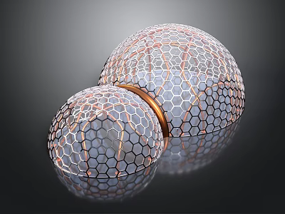 Decorative Spherical Objects With Honeycomb Texture And Metallic Copper Accents On Reflective Surface 3d model