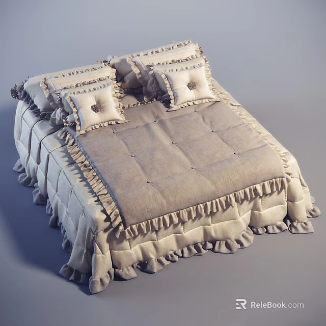 Double Bed With Multiple Pillows Soft Beige Ruched Bedspread Frilled Edges 3d model 