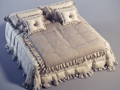 Double Bed With Multiple Pillows Soft Beige Ruched Bedspread Frilled Edges 3d model