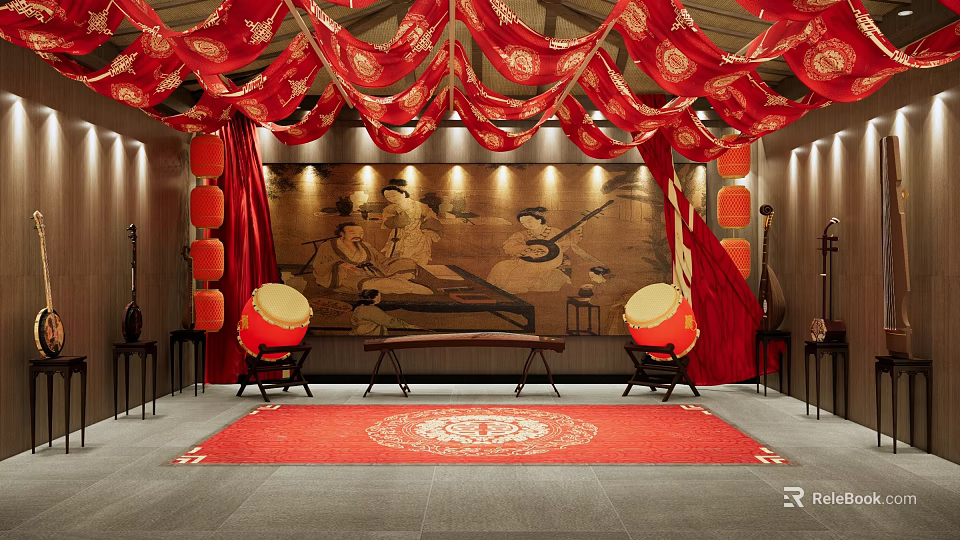 Traditional Chinese Interior With Red Draperies Lanterns Ancient Painting And Drums 3d model 
