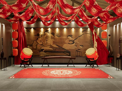 Traditional Chinese Interior With Red Draperies Lanterns Ancient Painting And Drums 3d model