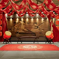 Traditional Chinese Interior With Red Draperies Lanterns Ancient Painting And Drums