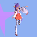 Woman With Purple Hair And Fox Ears In Red Skirt On Blue Background With Purple Star