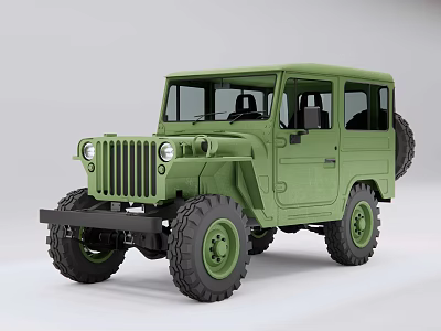 Vintage Green Military Style Off Road Vehicle With Large Tires Front Grille And Four Doors 3d model