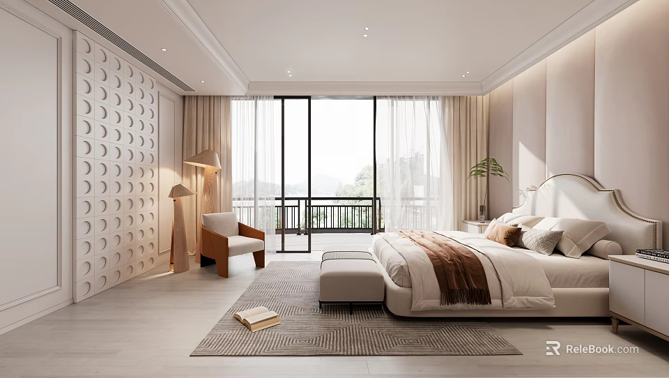 Elegant Modern Bedroom Interior With Textured Wall Curtains Accent Chair And Comfortable Bed 3d model 