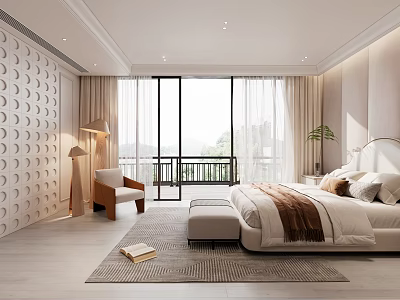 Elegant Modern Bedroom Interior With Textured Wall Curtains Accent Chair And Comfortable Bed 3d model