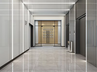 Modern Elevator Hallway Interior With Spacious Design Marble Floor Glass Doors And Strip Lighting 3d model