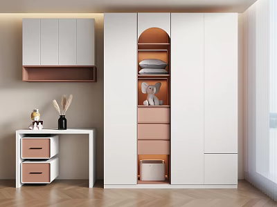 Modern White Wardrobe With Arched Top Open Compartment Storage And Decorative Side Table 3d model