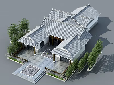 Traditional Ancient Chinese Architecture With Tile Roof Courtyard Stone Pavement Circular Pattern And Surrounding Trees 3d model
