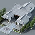 Traditional Ancient Chinese Architecture With Tile Roof Courtyard Stone Pavement Circular Pattern And Surrounding Trees