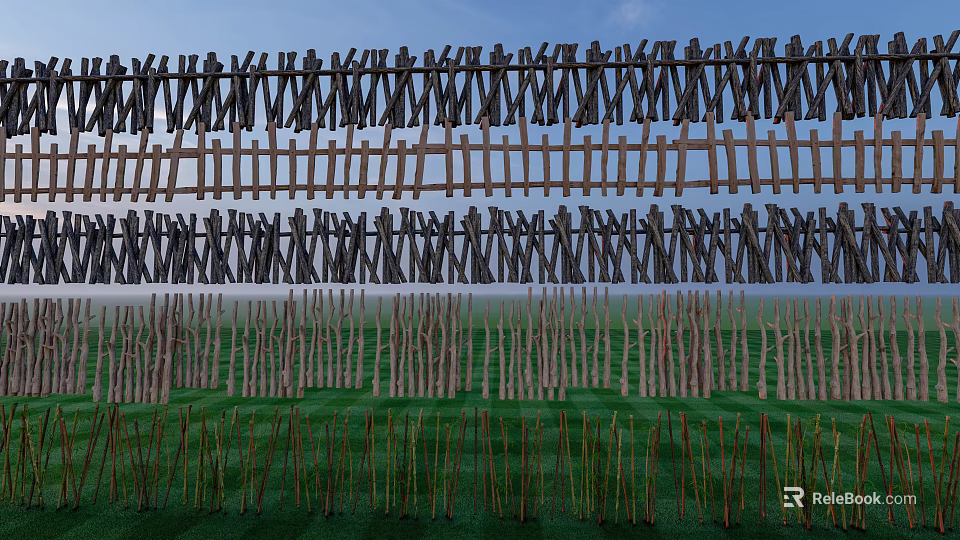 Various Wooden Fence Designs With Green Grass Field And Blue Sky 3d model 
