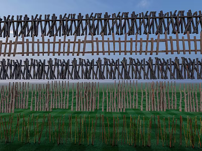 Various Wooden Fence Designs With Green Grass Field And Blue Sky 3d model