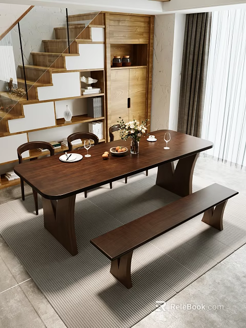 Modern Wooden Dining Table Set with Chairs Bench Fruit Vase and Cutlery 3d model 