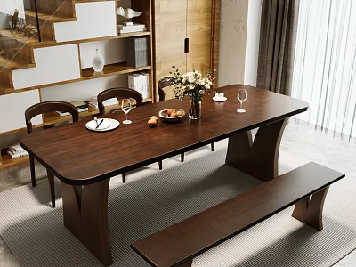 Modern Wooden Dining Table Set with Chairs Bench Fruit Vase and Cutlery 3d model