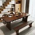 Modern Wooden Dining Table Set with Chairs Bench Fruit Vase and Cutlery