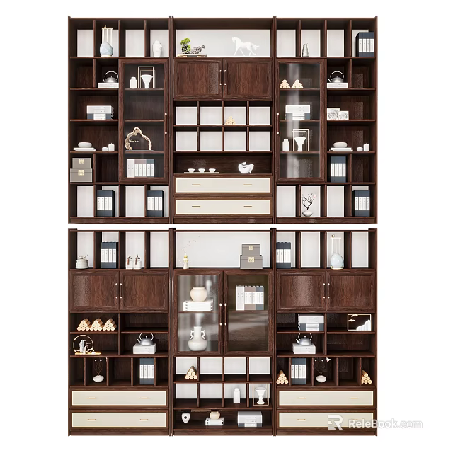 Modern Wooden Bookcase Interior Design With Multi tier Shelves Books And Decorative Items 3d model 