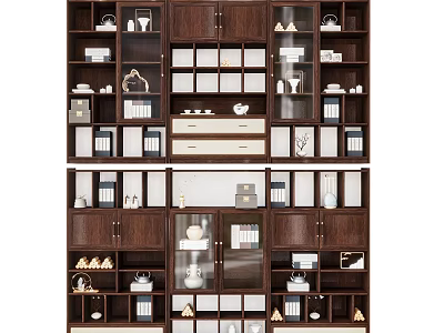 Modern Wooden Bookcase Interior Design With Multi tier Shelves Books And Decorative Items 3d model