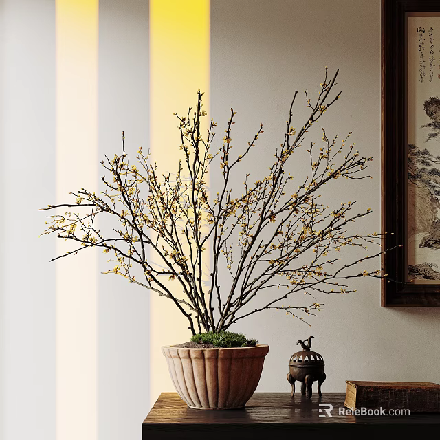 Decorative Ornament Combination With Potted Branches Yellow Flowers Green Moss And Small Figurine 3d model 