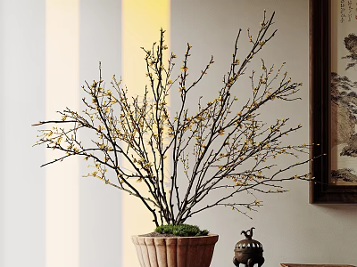 Decorative Ornament Combination With Potted Branches Yellow Flowers Green Moss And Small Figurine 3d model