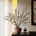 Decorative Ornament Combination With Potted Branches Yellow Flowers Green Moss And Small Figurine