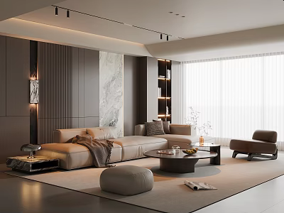 Modern Living Room Interior With Beige Sofa Round Coffee Table And Floor To Ceiling Windows 3d model