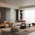 Modern Living Room Interior With Beige Sofa Round Coffee Table And Floor To Ceiling Windows