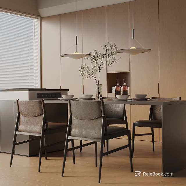 Modern Dining Table Set With Chairs Pendant Lights And Vase On Wooden Cabinet Background 3d model 