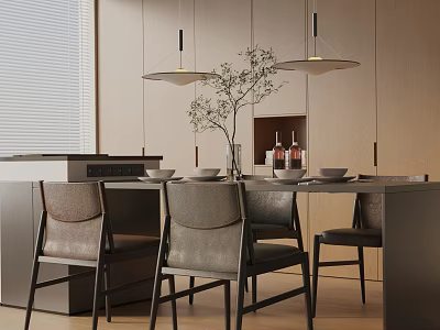 Modern Dining Table Set With Chairs Pendant Lights And Vase On Wooden Cabinet Background 3d model