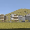 Modern School Building Featuring Teaching Wing Inscribed Wall Trees and Mountain Backdrop Under Blue Sky 3d model