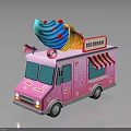 Pink Ice Cream Truck With Giant Cone Sign And Striped Awning Decorations