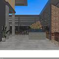 Modern Outdoor Restaurant With Red Brick Design Bar Counter Blue Red Lighting And Plant Decor