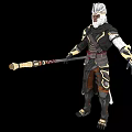 Game Movie Character With White Hair Masked Golden Black Armor Red Sash And Decorated Staff