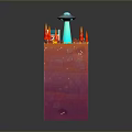 Colorful Layered 3D Structure with Top Platform UFO Red Cones and Small Fences