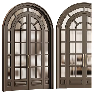 Dark Colored Swing Doors With Arched Top Glass Panes And Metal Handles 3d model