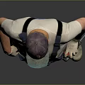 Construction Worker In Blue Overalls With Cap Tool Belt And Knee Pads