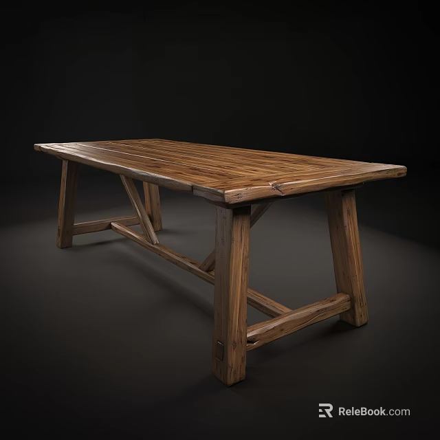 Rustic Solid Wood Dining Table With Long Rectangular Top And Cross Leg Design 3d model 