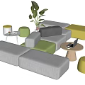 Modern Modular Sofa Set with Gray Green Yellow Sections Stools Side Tables and Plant 3d model