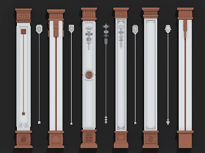 Decorative Columns With White And Brown Carved Details In Various Styles 3d model