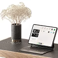 Modern Wooden Desk With Laptop Table Lamp Vase Magazine And Gray Office Chair