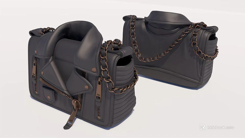 Stylish Black Leather Bags With Chain Detail And Zipper Closure Handle Design 3d model 