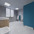 Public Restroom Interior Featuring Blue Cubicles Gray Tiled Walls Wooden Vanity And White Countertop