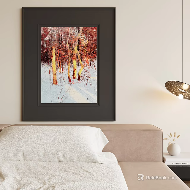 Abstract Painting With Red Yellow Tones In Black Frame On Cozy Bedroom Wall 3d model 