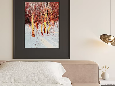 Abstract Painting With Red Yellow Tones In Black Frame On Cozy Bedroom Wall 3d model