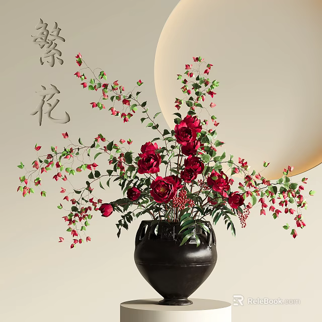 Elegant Black Ceramic Vase With Red Peonies Green Leaves And Circular Decor 3d model 